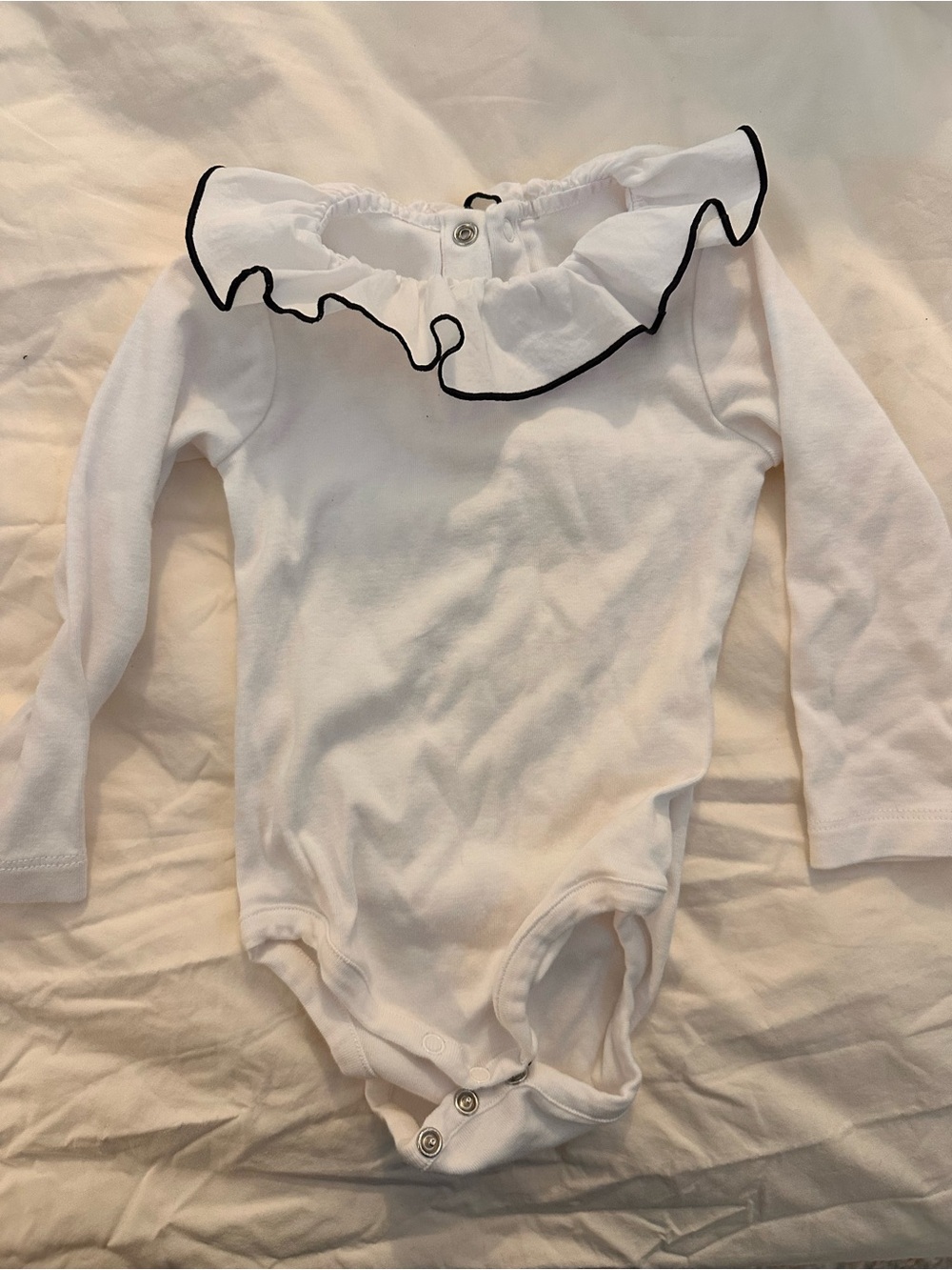 Jacadi White Long-Sleeve Bodysuit with navy-Trim Ruffle Collar
